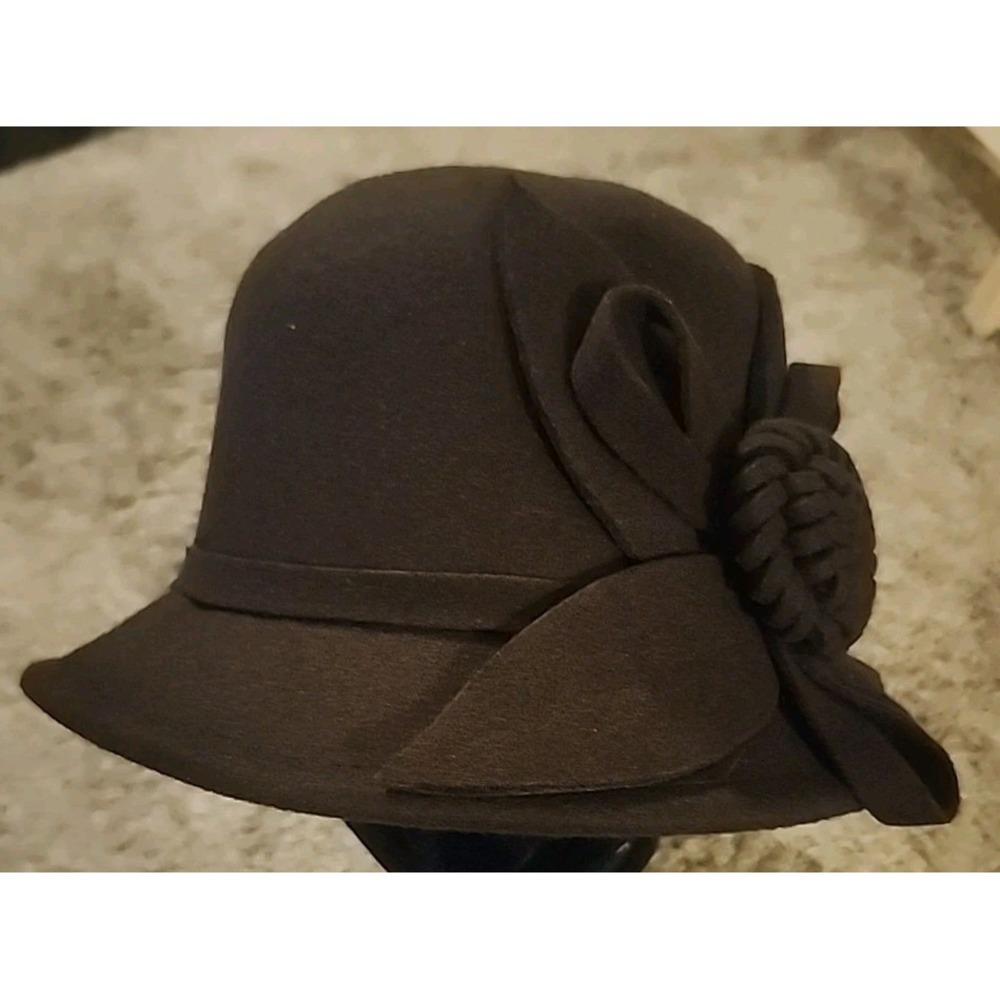 Women's Brown Felt Vintage Style Bucket Hat with Flower Bow New
